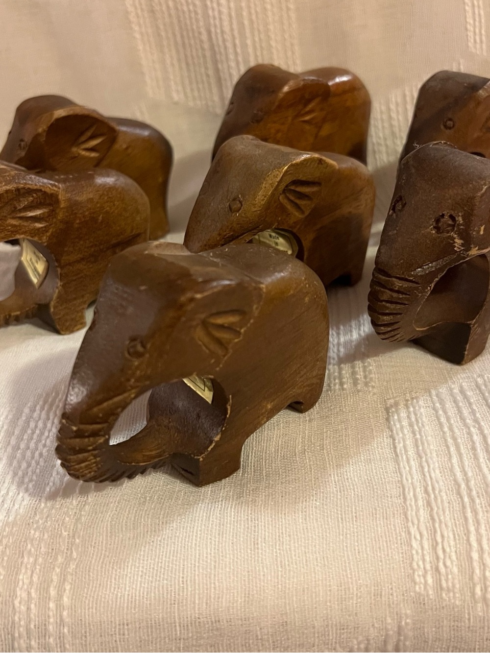 Hand-Carved Wooden Elephant Napkin Rings in Brown